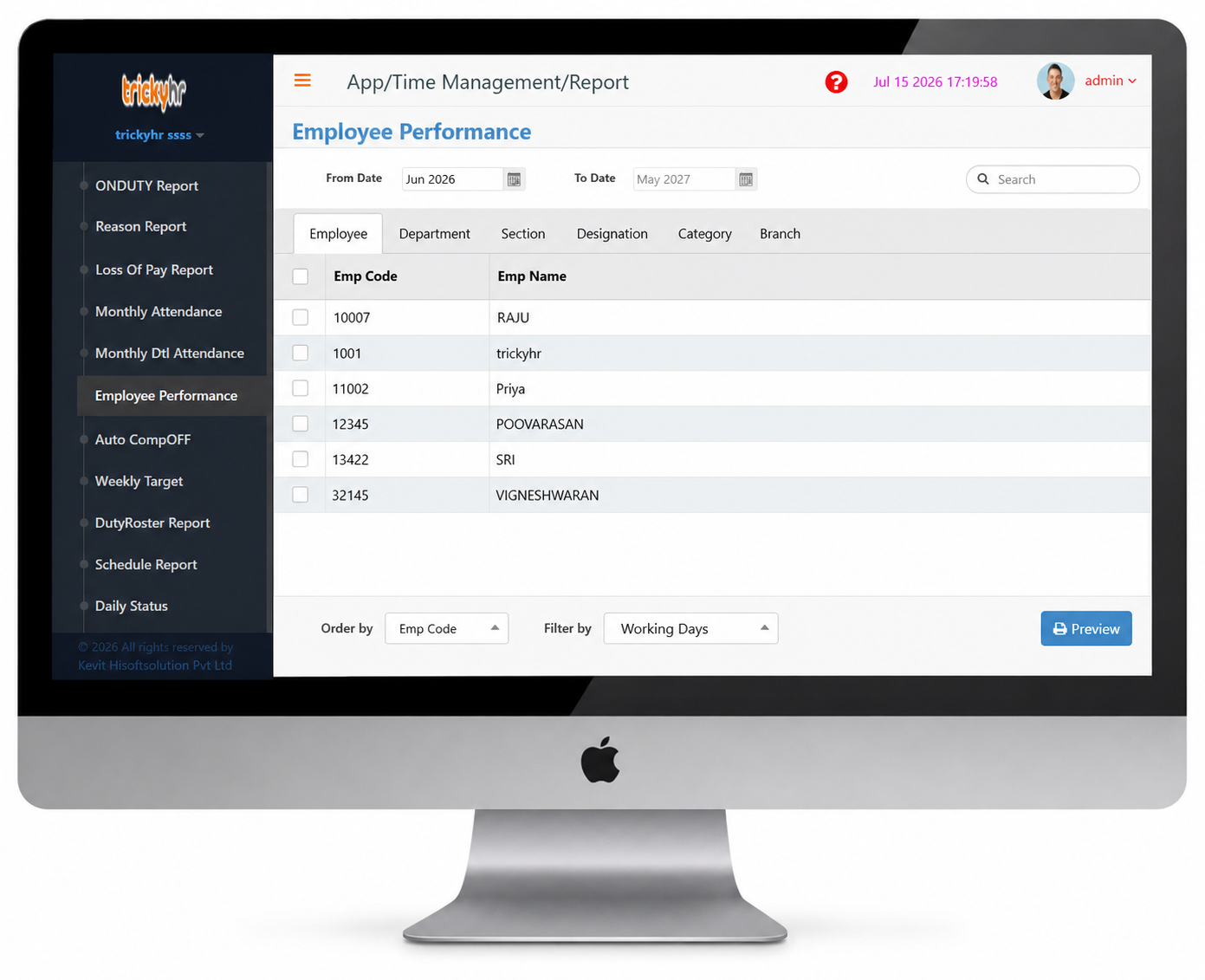 Daily, Missing, Late & OT, Absent, Reason, Monthly, Employee Performance Report